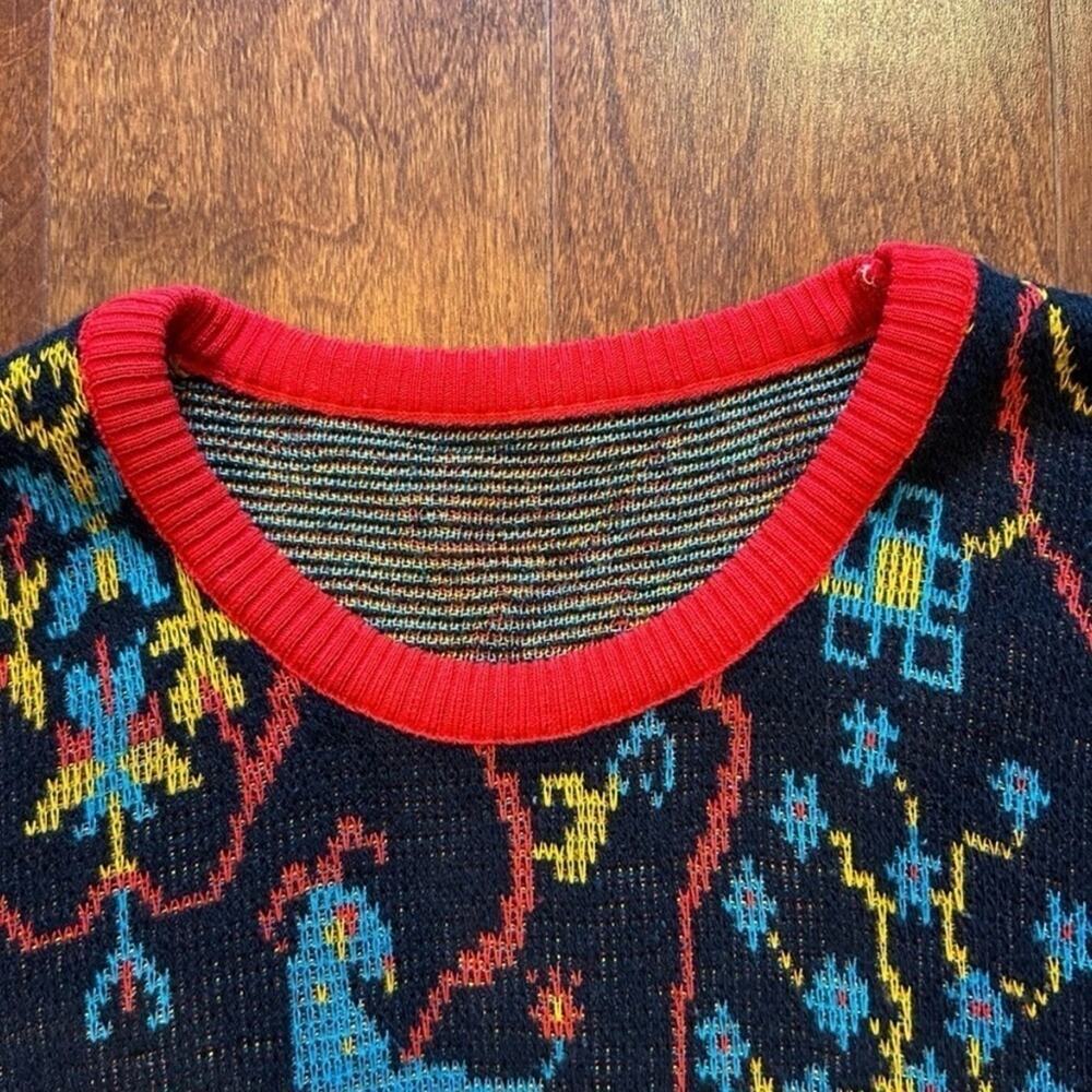 Vintage Boho Sweater, Colorful Plants & Animals on a Black Background, Size S/M - Picture 5 of 11